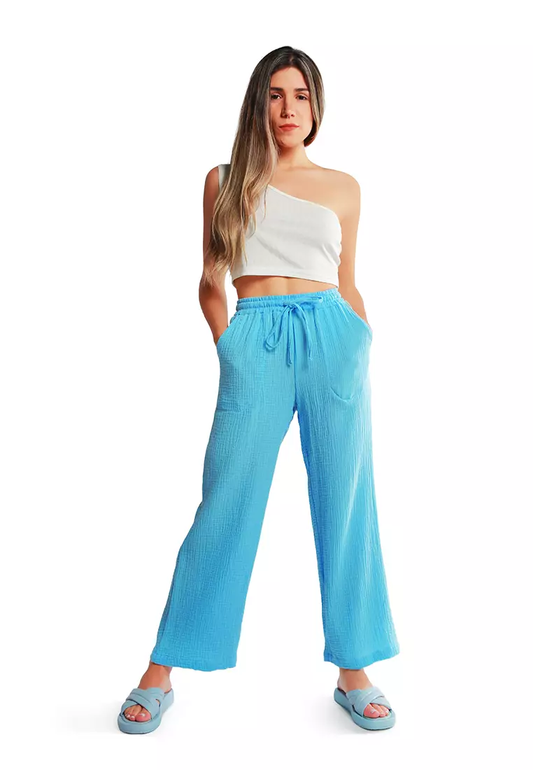 Bright Blue Drawstring Casual Lounge Wide Pants