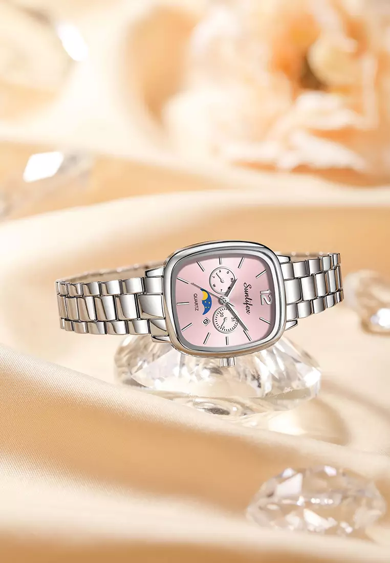 Jam Tangan Wanita Original Kalender Kasual Korean Style Tali Paduan Jam Tangan Cewek B006 silverpink