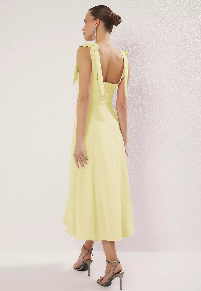 Light Yellow A Line Strap Lacing Detailing Midi Stylish Evening Dress