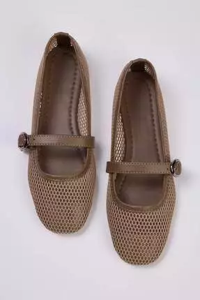 Beige Mesh Round Toe Mary Jane Women's Ballerinas Takss24Be00000