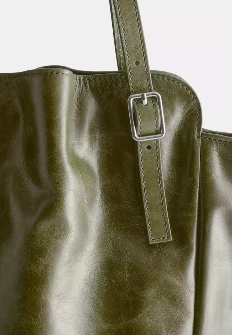 Buckle-Strap Leather Tote Bag