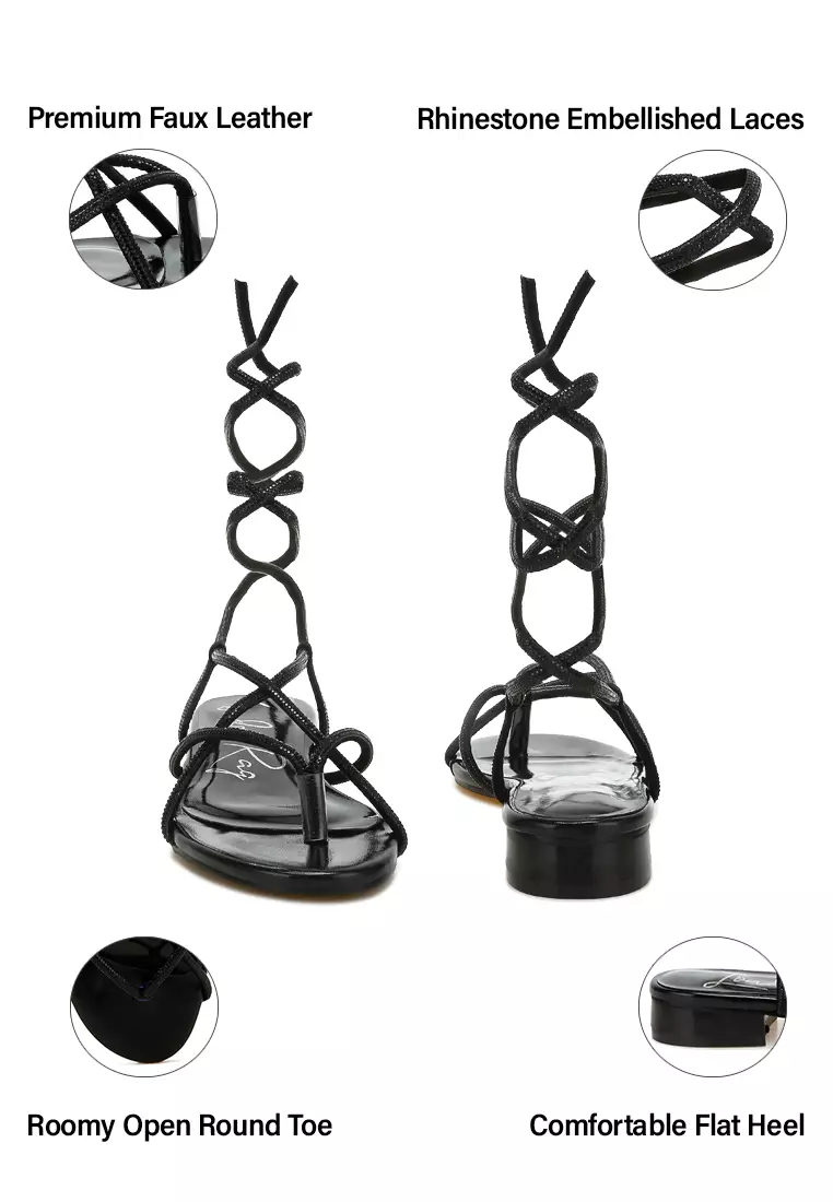 Rhinestone Embellished Lace-Up Sandals in Black