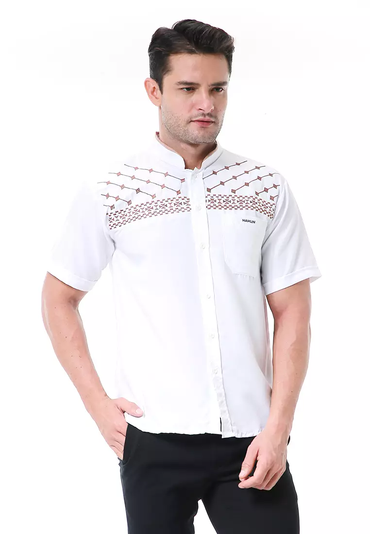 Leopold Kemeja Koko Pria Lengan Pendek Motif Bordir Material Cotton ORIGINAL - White