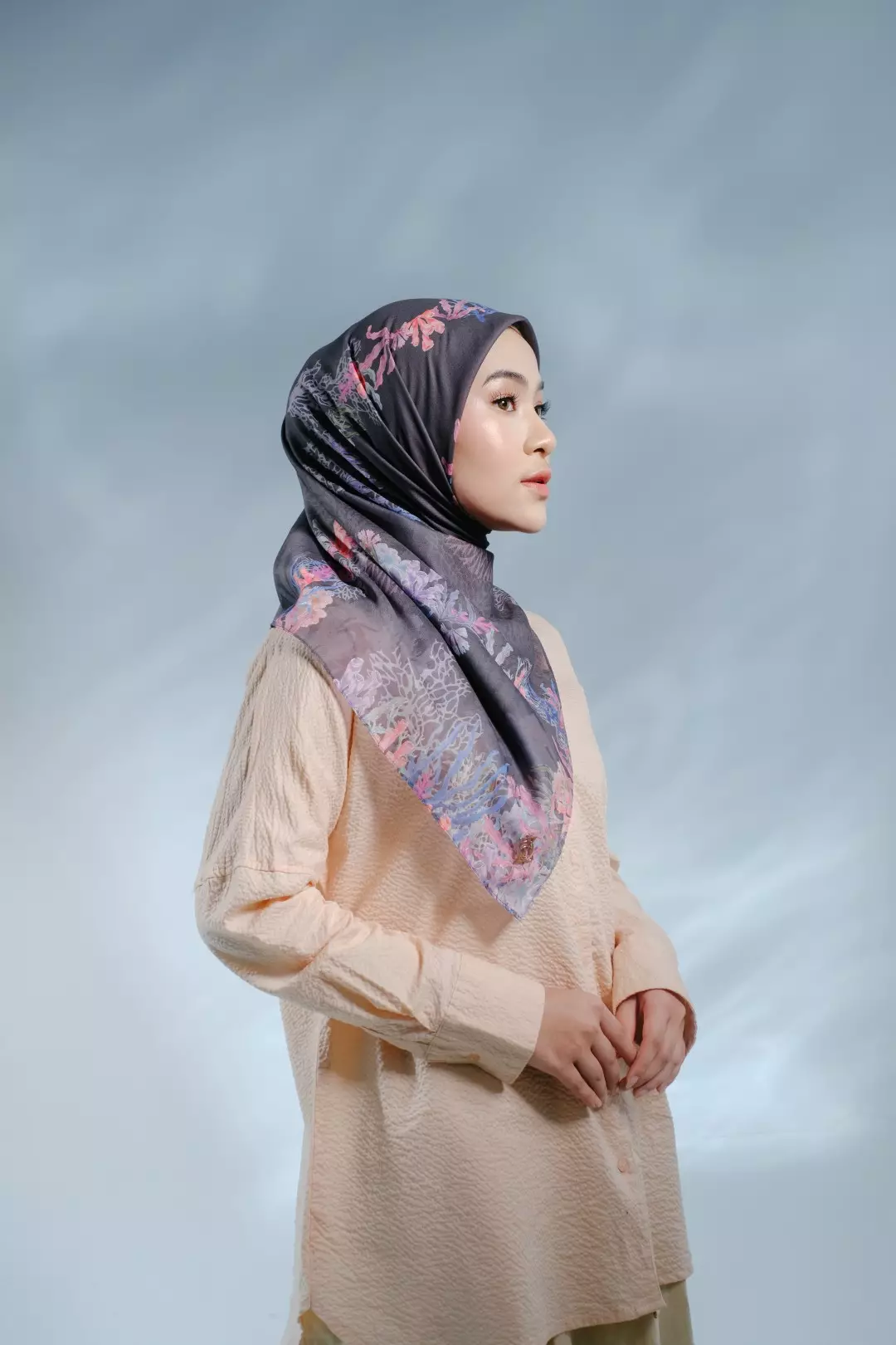 PELAGIA Scarf Black - Kerudung Hijab Segiempat Motif With BOX - Bahan Nesla - Ukuran 115x115