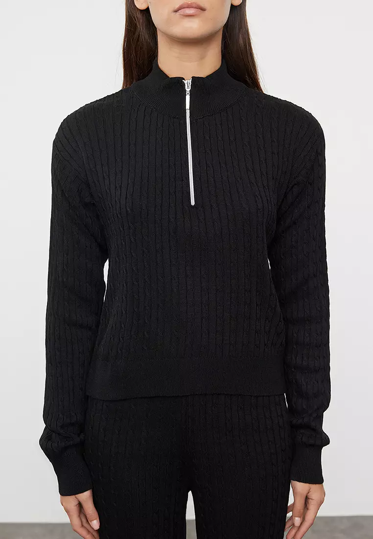 Black Zippered Knitwear Bottom-Top Set TWOAW25AU00059