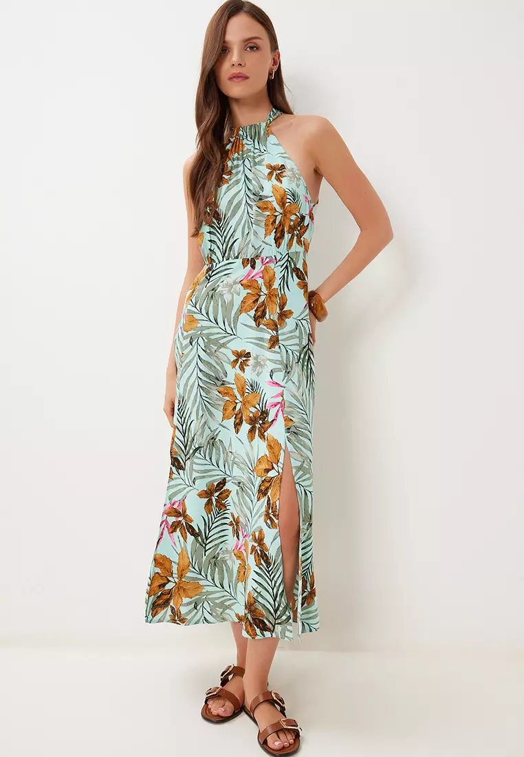 Women's Water Green Tan Halter Neck Patterned Midi Viscose Dress Fg00047