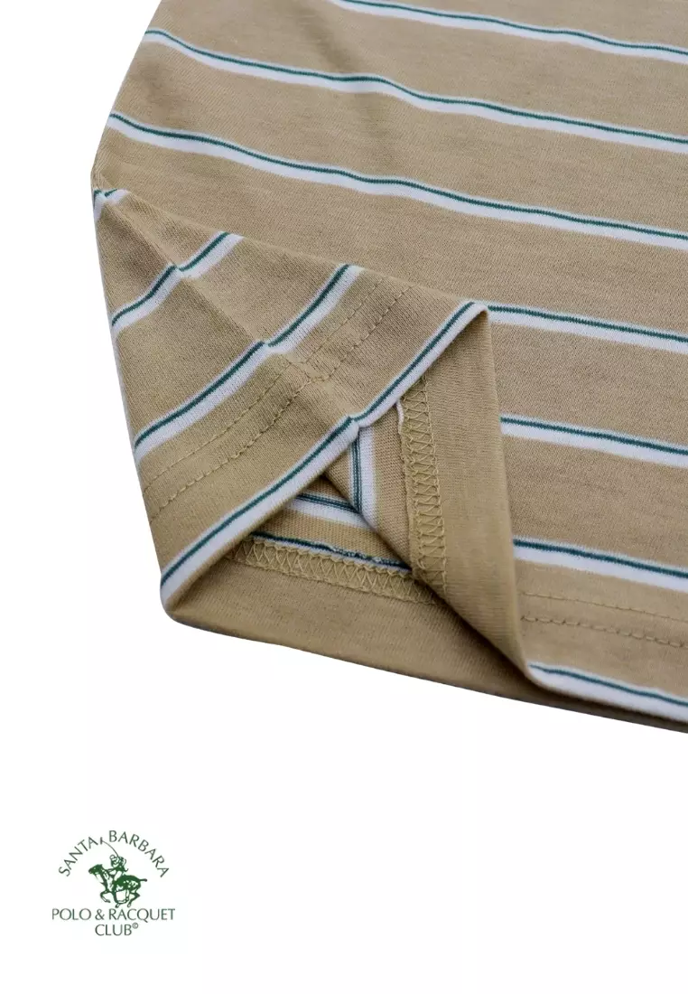 Stripe Beige Round Neck T-Shirt for Men W/ Embroidered Logo on Chest