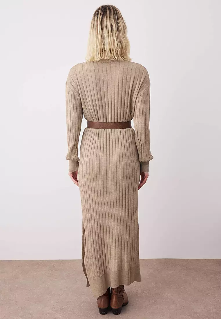 Slit Belted Knit Maxi Dress