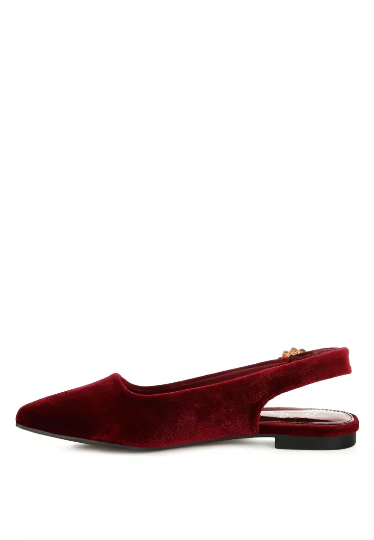 Sandal Datar Slingback Beludru Warna Merah Tua