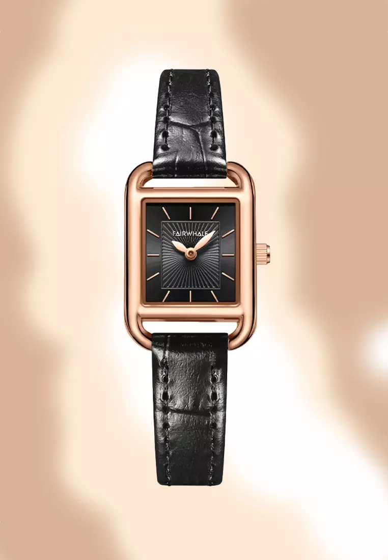 Ladies IP Rose Gold Color Stainless Steel Quartz Watch, 22mm, Black Dial, Black Leather Strap