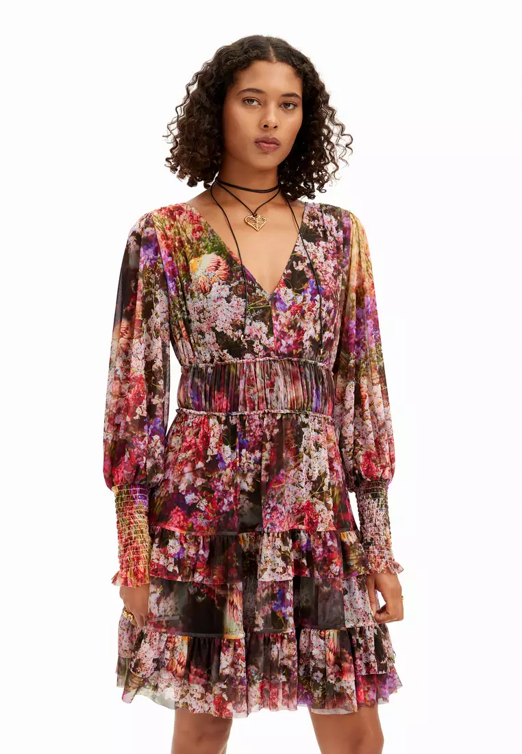 Desigual Short dress with long puffed sleeves and floral print.