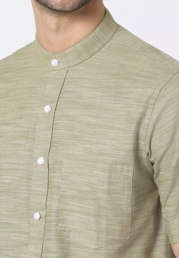 Cotton Well Zayn Shirt Sage | Kemeja Koko Oxford Slub Lengan Pendek Olive