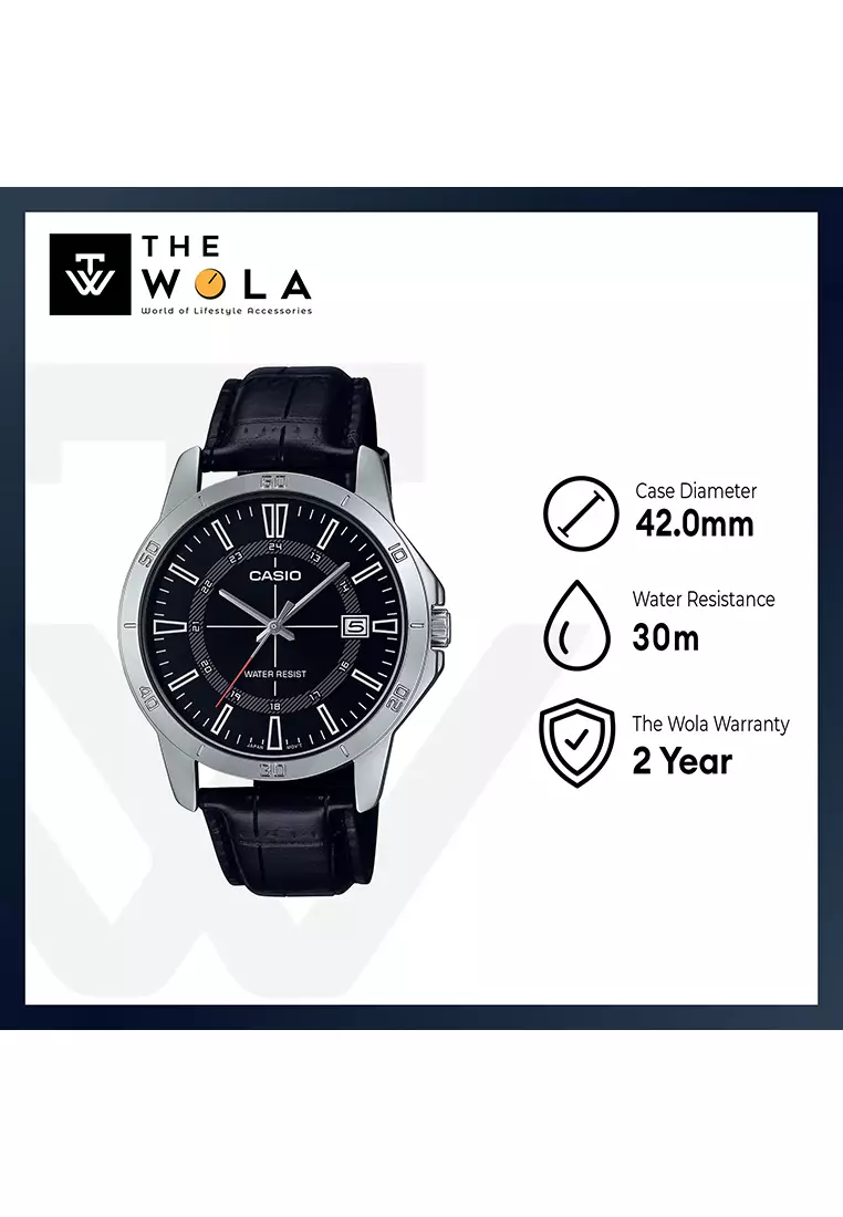 MTP-V004L-1C Men's Black Leahter Band Analog Watch