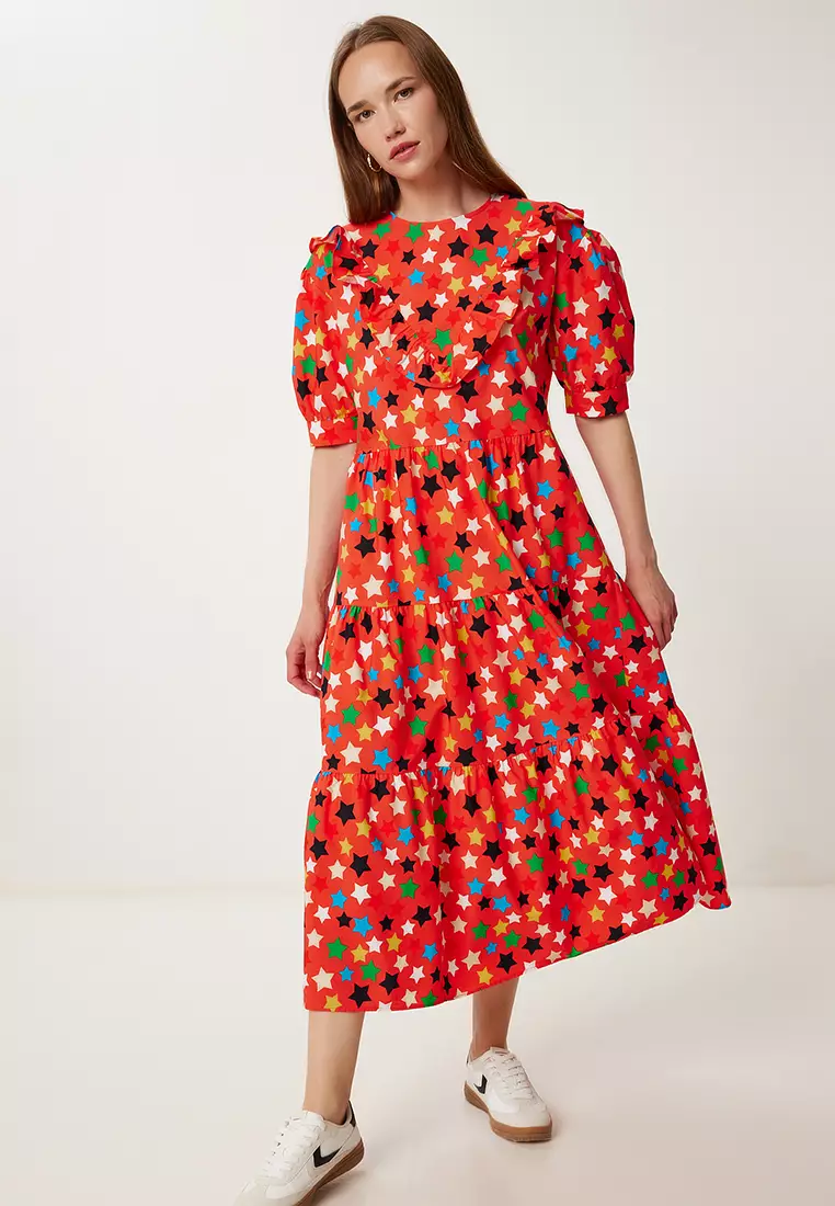 Women's Pomegranate Flower Patterned Summer Midi Poplin Dress Fk00032