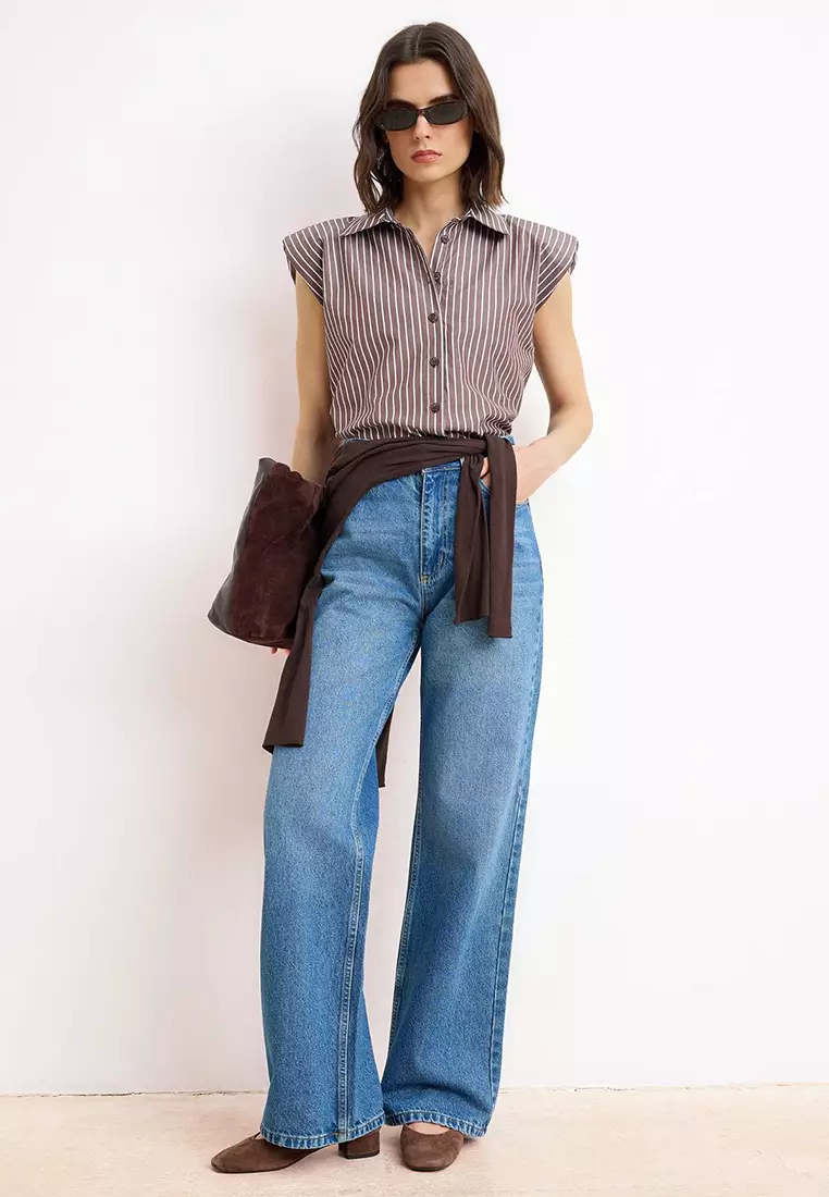 Brown Striped Sleeveless Shoulder Pad Pack Shirt Twoss26Go14