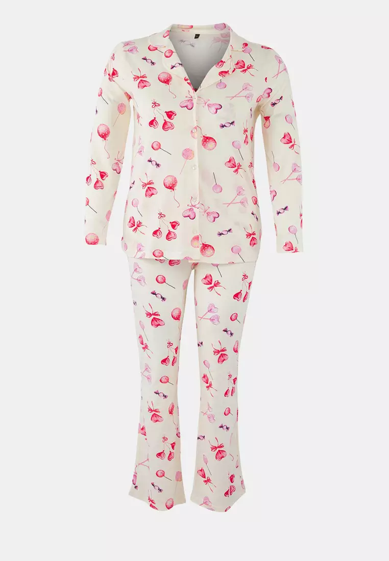 Ecru 100% Cotton Heart Patterned Shirt-Pants Knitted Pajama Set Tbbaw26Ai00017