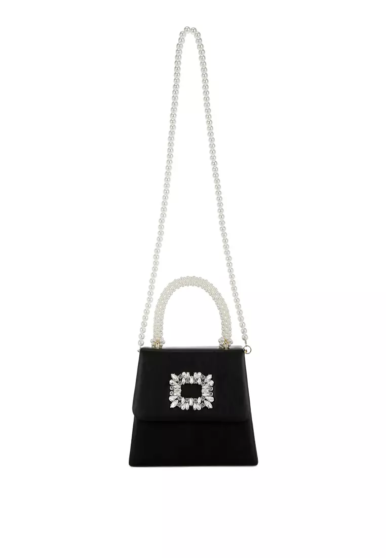 Tas Bros Berlian Imitasi dengan Pegangan Atas Mutiara Warna Hitam