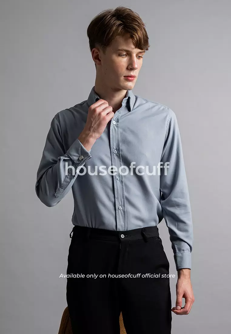 Houseofcuff Kemeja Kerja Formal Pria Model French Cuff / Double Cuff Dengan Cufflinks Warna Dusty Blue (Incl.Collar bar + Cufflinks )