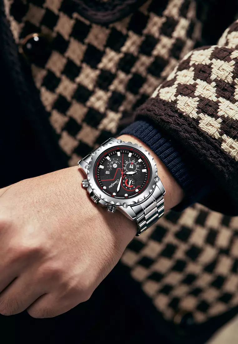 Jam Tangan Pria Original 9032 Anti Air Olahraga Kalender Tali Stainless Steel Jam Tangan Cowok silverblack