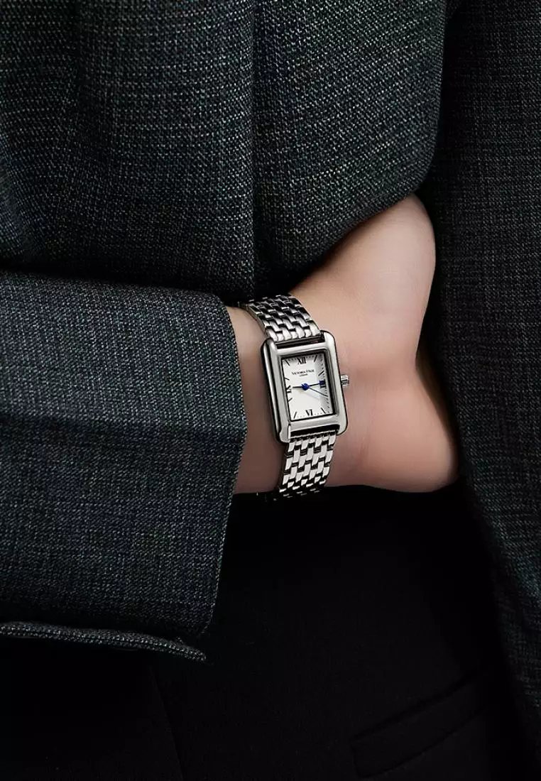 Retro 女士长方形手表22*29mm 簡約经典 不銹鋼表帶長度可調 藍色指針 生活防水-銀色