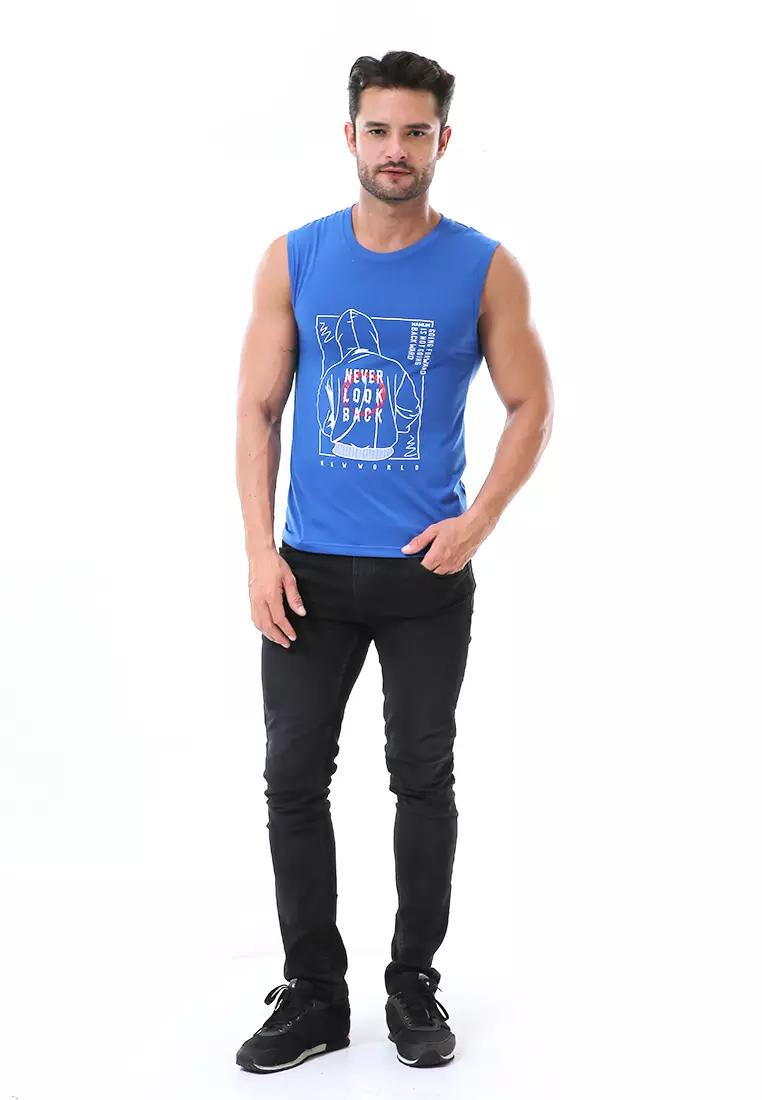 Bobby Atasan Kasual Pria Singlet Motif Never Look Back Sleeveless Tshirt Material Cotton ORIGINAL - Blue