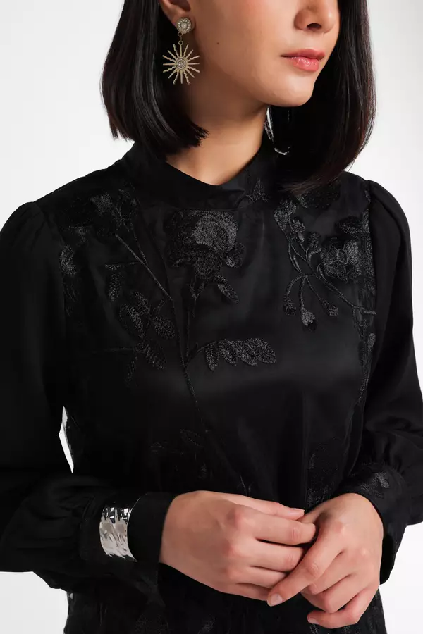 MINIMAL - Mahira - Gamis Brocade Motif Floral - Black