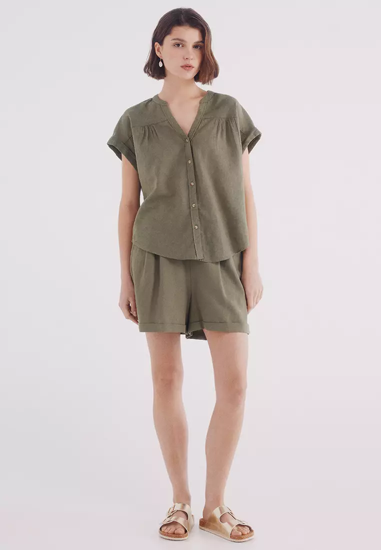 Short Elastic Waist Cotton Linen