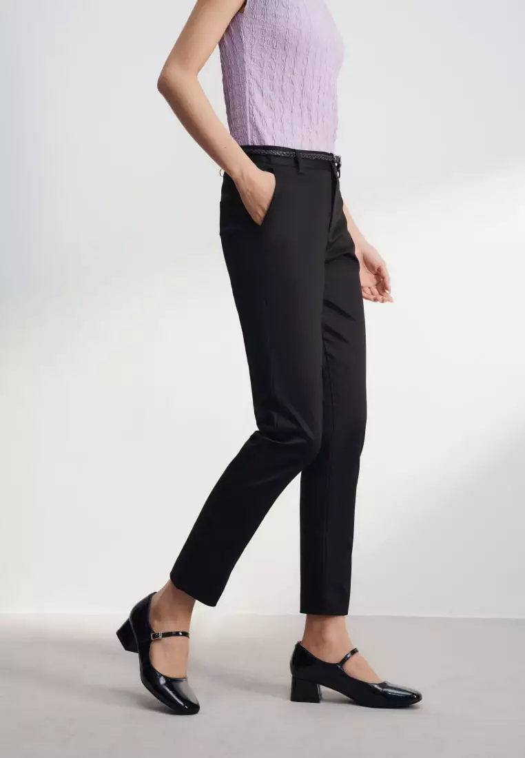 Cotton Blend Spandex Satin Ankle Skinny Pants With Belt