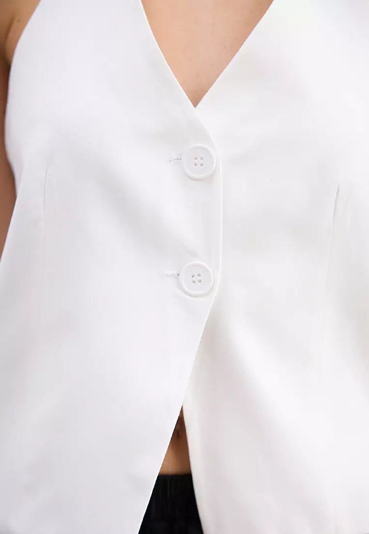 White Regular Linen Look Halter Neck Regular Vest TWOSS25YE00096