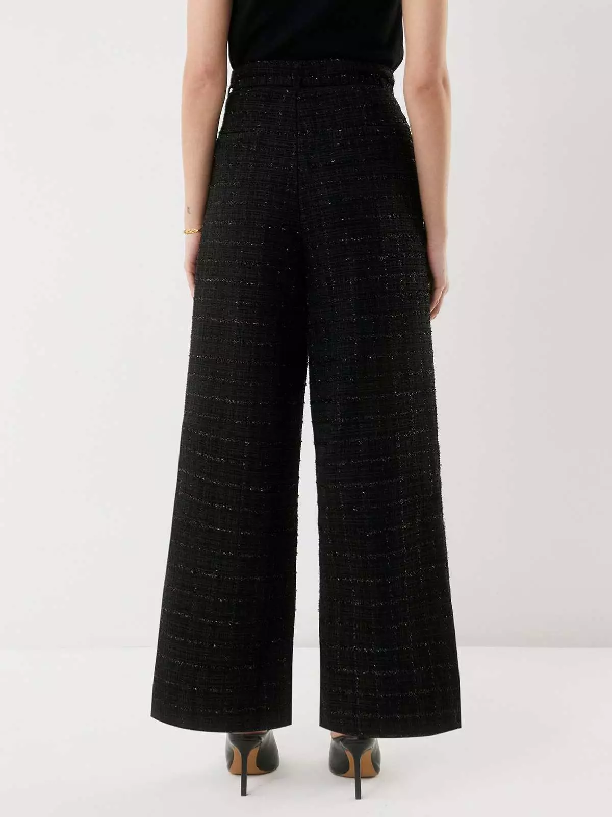 Belted Tweed Straight Pants - Black