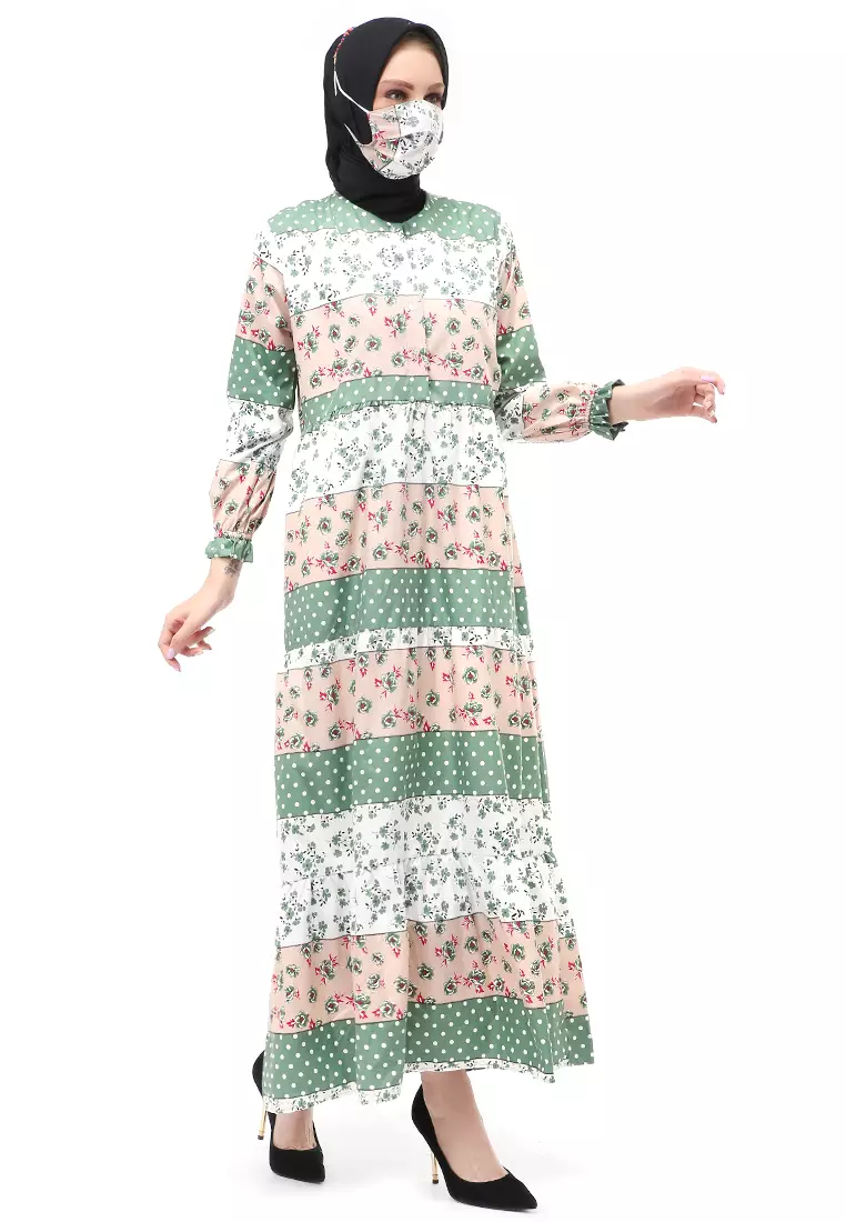 Hani Gamis Homey Long Dress Wanita Lengan Panjang Free Face Mask Regular Fit - 13 Hijau