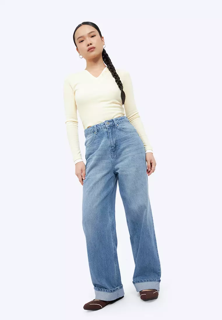 Turn Up Hem Straight Denim Pants