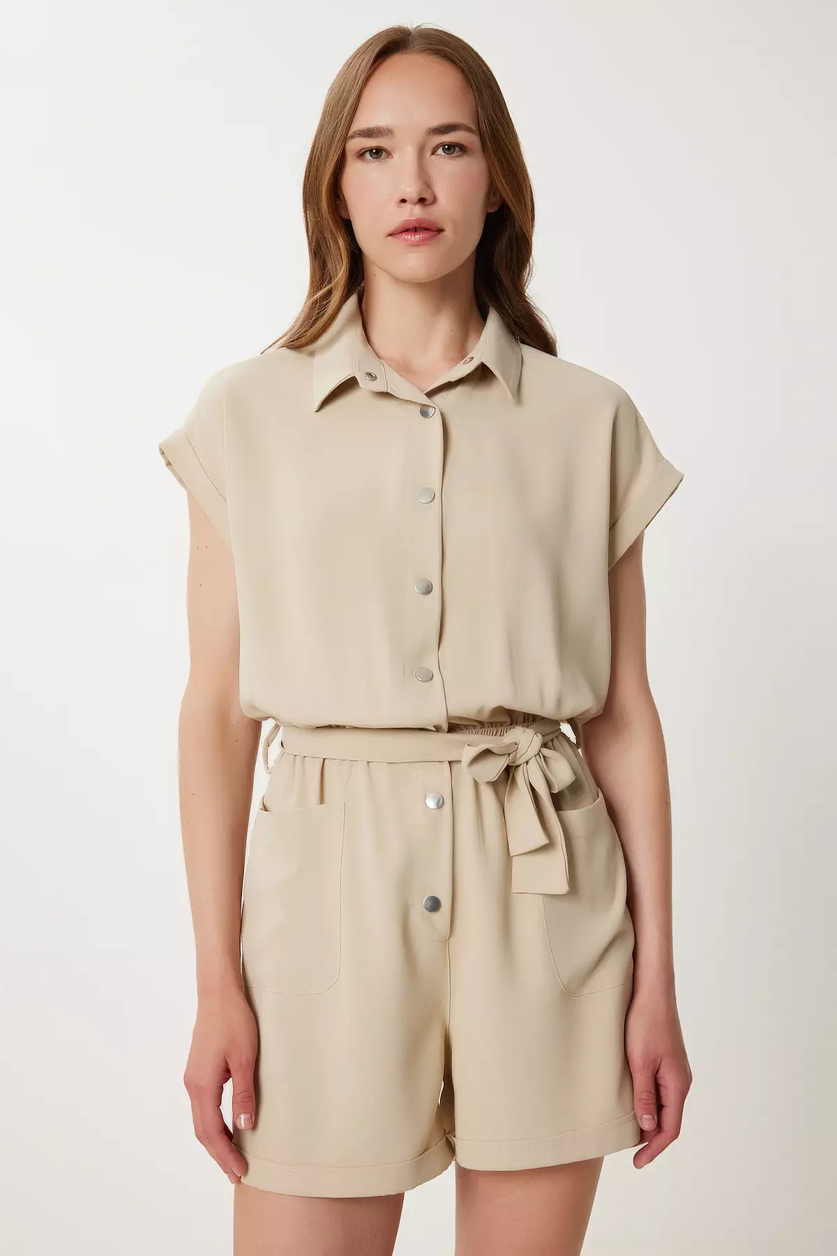 Women's Stone Polo Neck Mini Woven Jumpsuit Pb00037