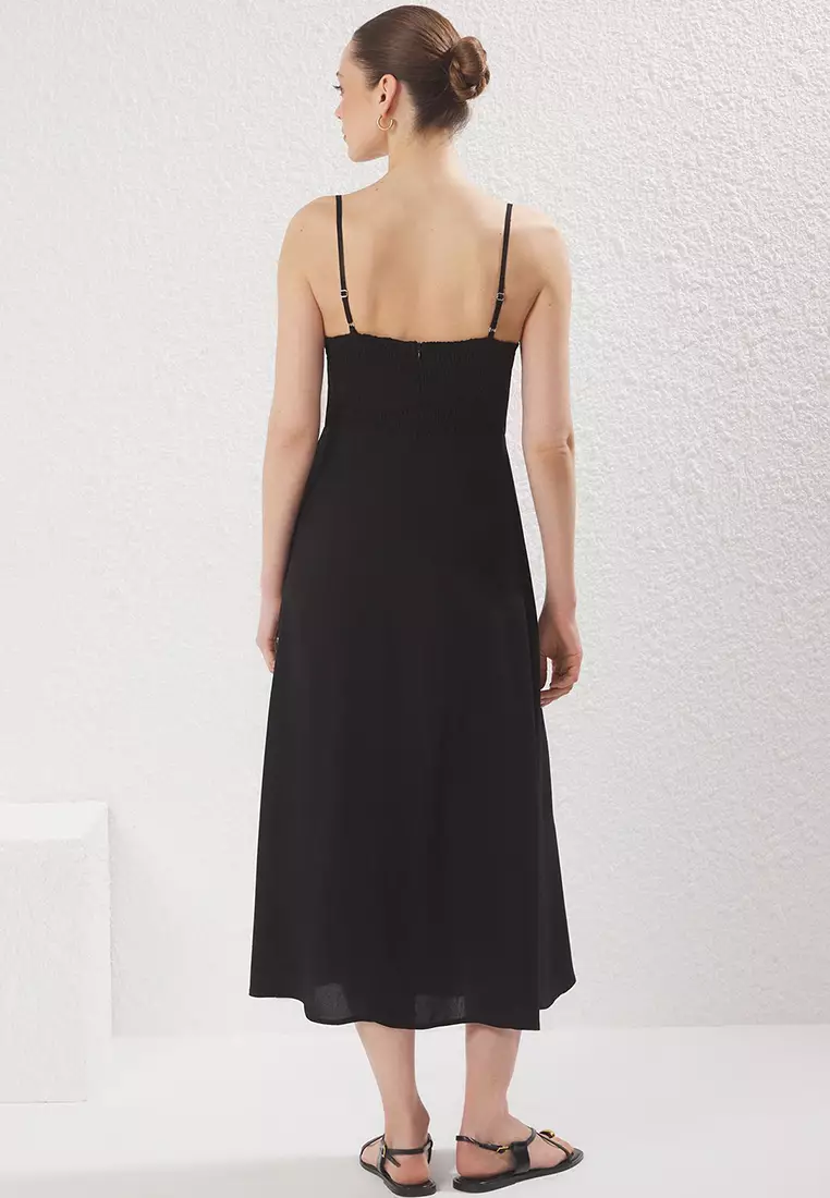 Black Plain Straight Cut Gipel Maxi Woven Dress TWOSS25EL00626