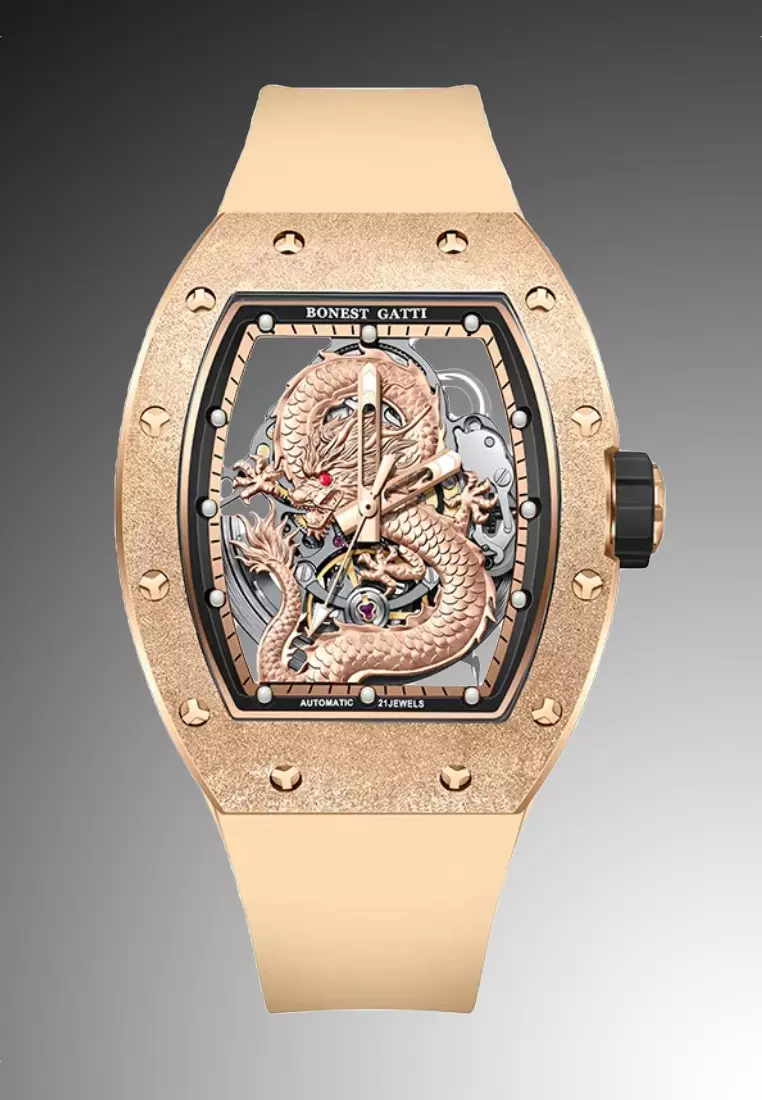 DRAGON 自動中性不鏽鋼手錶，橡膠錶帶