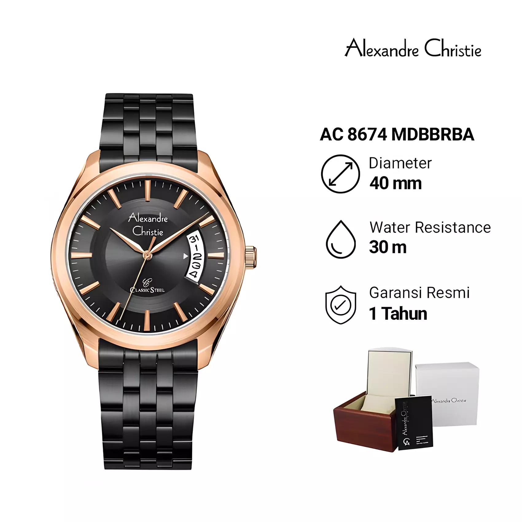 Alexandre Christie Classic Steel - Jam Tangan Couple Pria Wanita - Rose Gold Black - Stainless Steel - 8674 MLDBBRBA