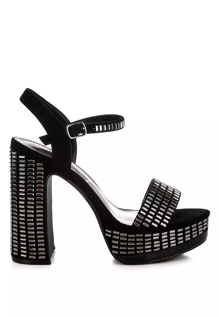 Discount on London Rag  shoes - SKU: Rhinestones Embellished Ankle Strap Heels in Black