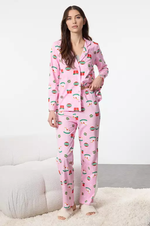 Pink Christmas Themed Knitted Pajamas Set