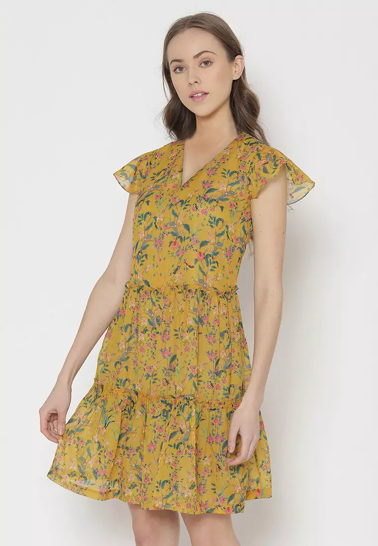 Yellow floral hot sale chiffon dress