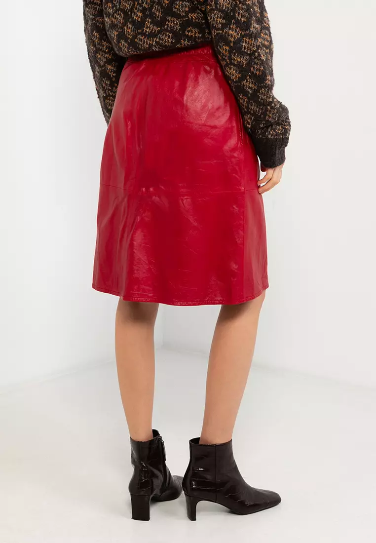 Red faux leather sale midi skirt