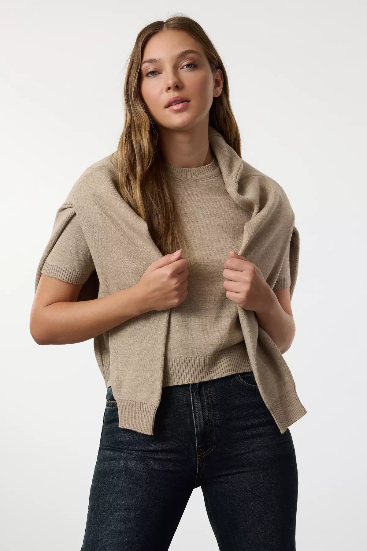 Basic Stone Knitwear Blouse And Cardigan Set