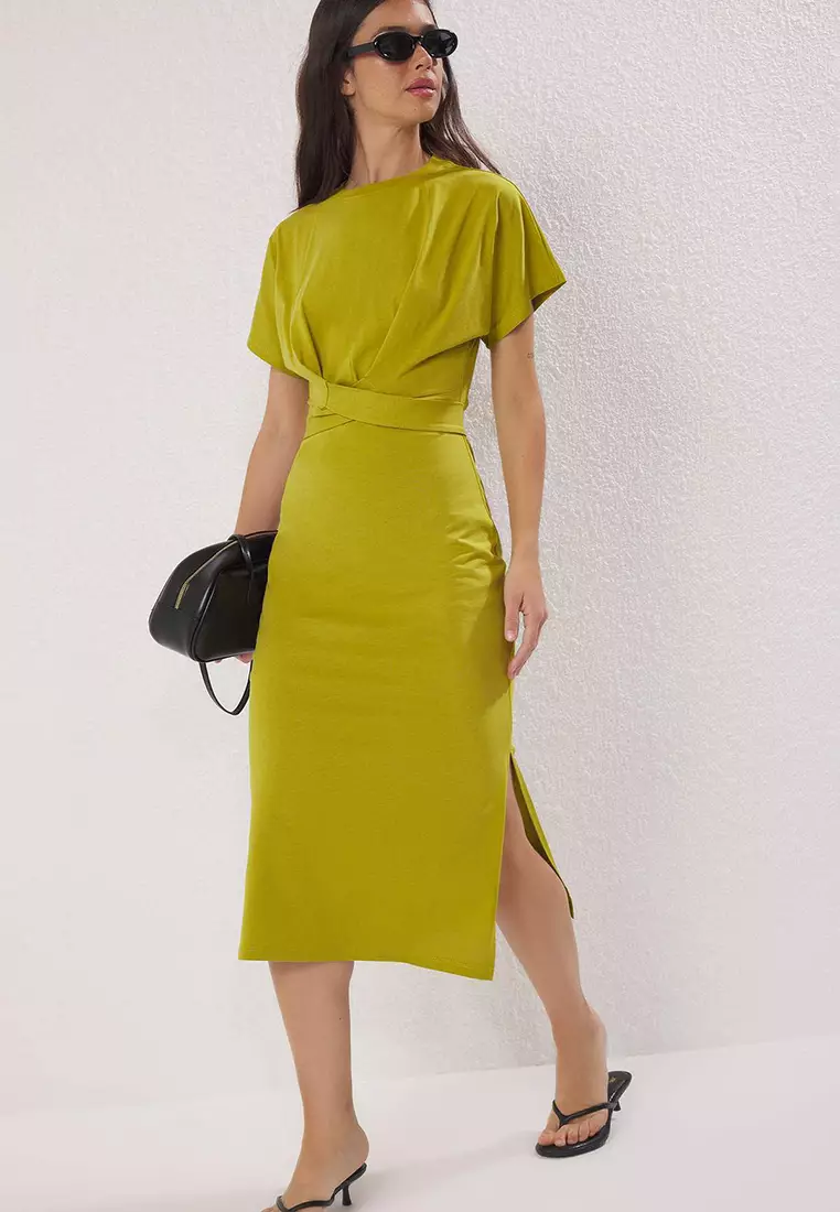 Oil Green 100% Cotton Waist Fitting Slit and Binding Detail Midi Knitted Pencil Dress Twoss21El0404
