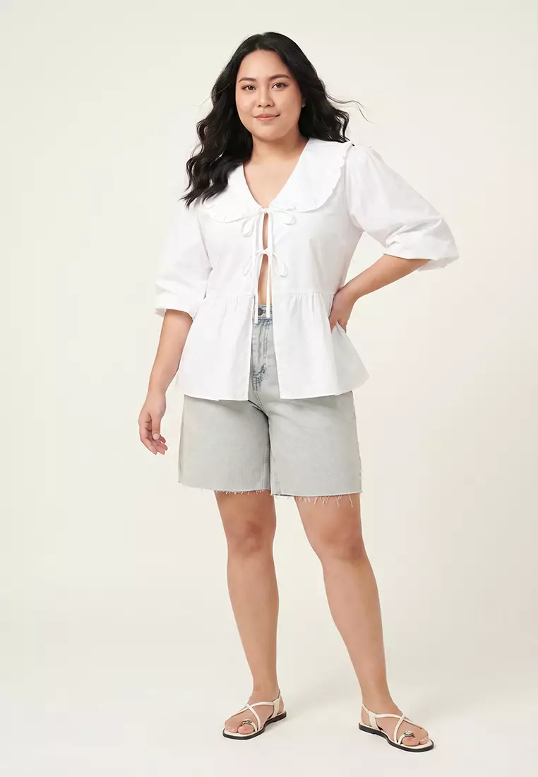 Light Blue Wide Leg Cut Plus Size Shorts & Bermuda TBBSS25AP00008