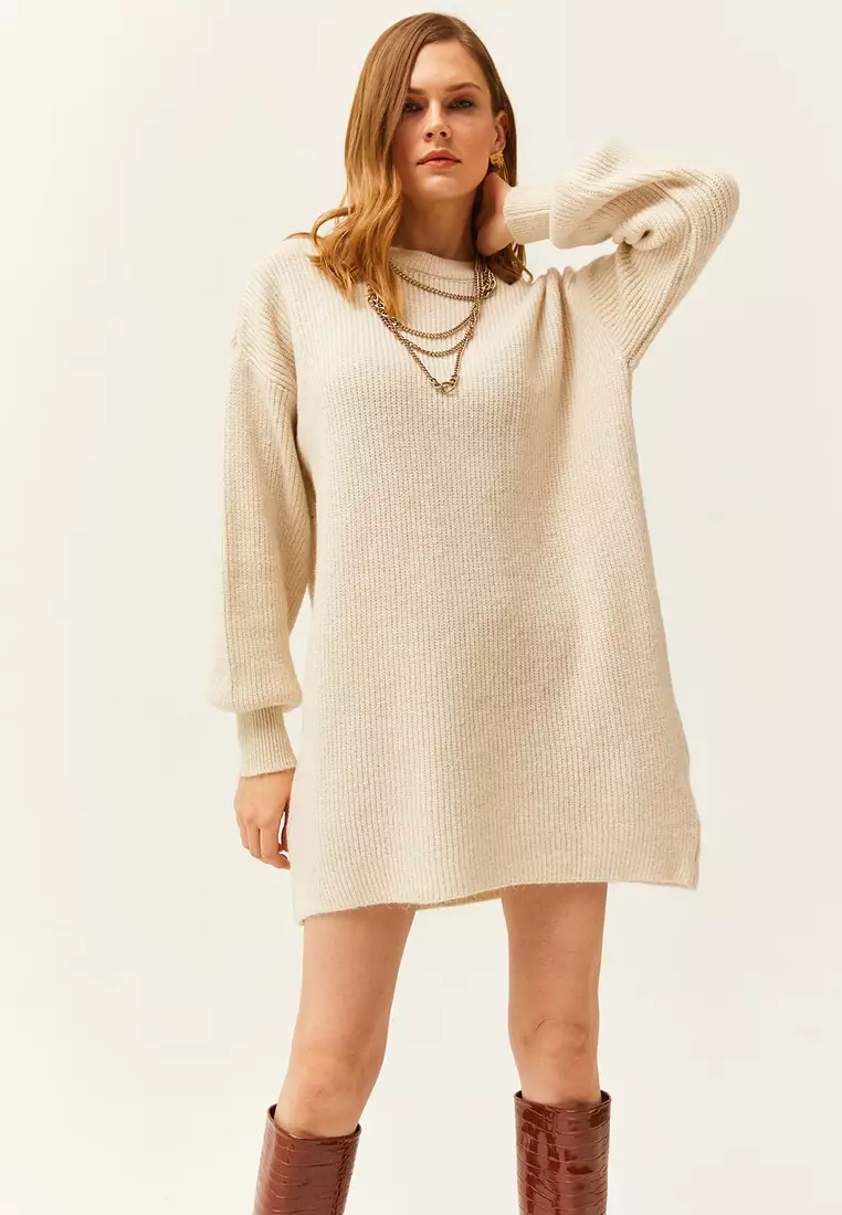 Balloon Sleeves Textured Knitted Dress