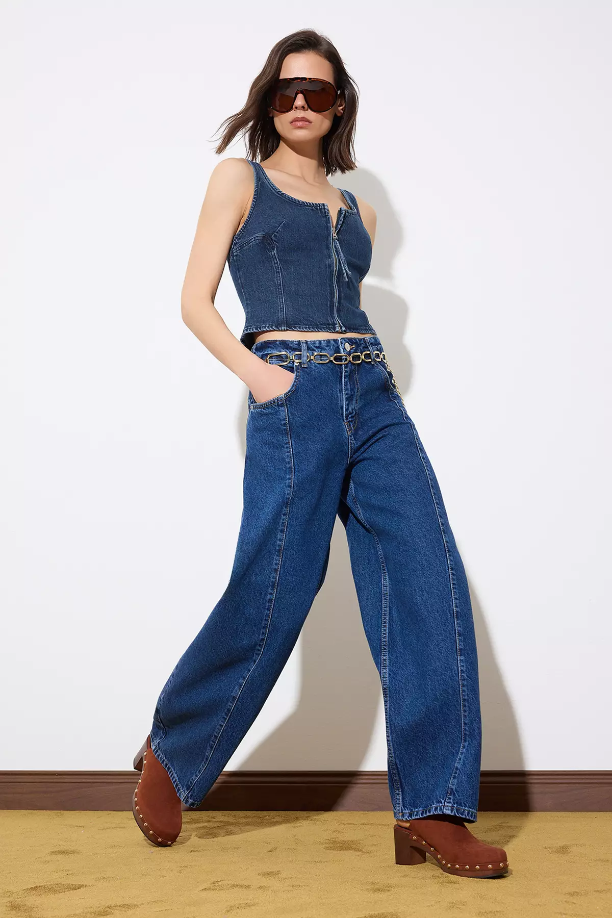 Limited Edition Blue Draped High Waist Baggy Jeans With Stitching Detail Twoss26Je8