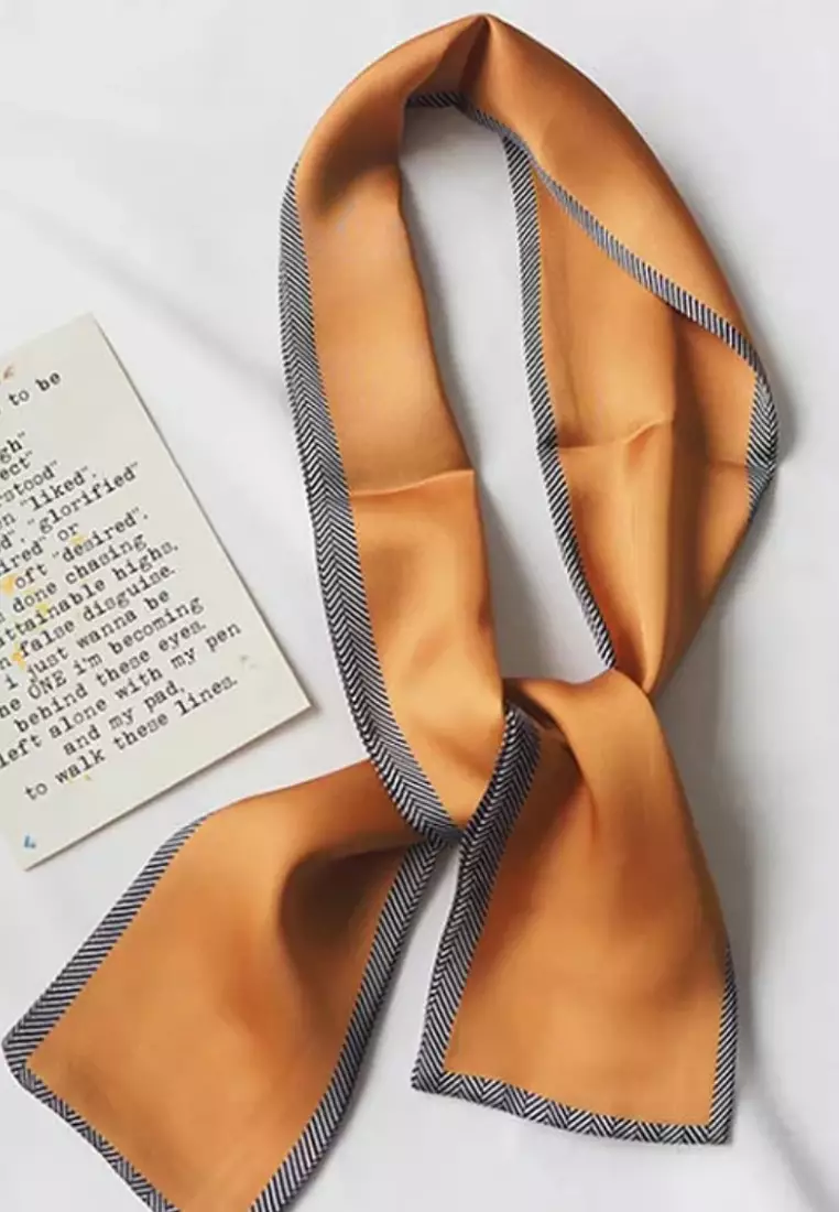 Aksesoris Wanita Plain With Zig Zag Border Twilly Skinny Multi purpose Scarf Leher Mustard Yellow,White & Black