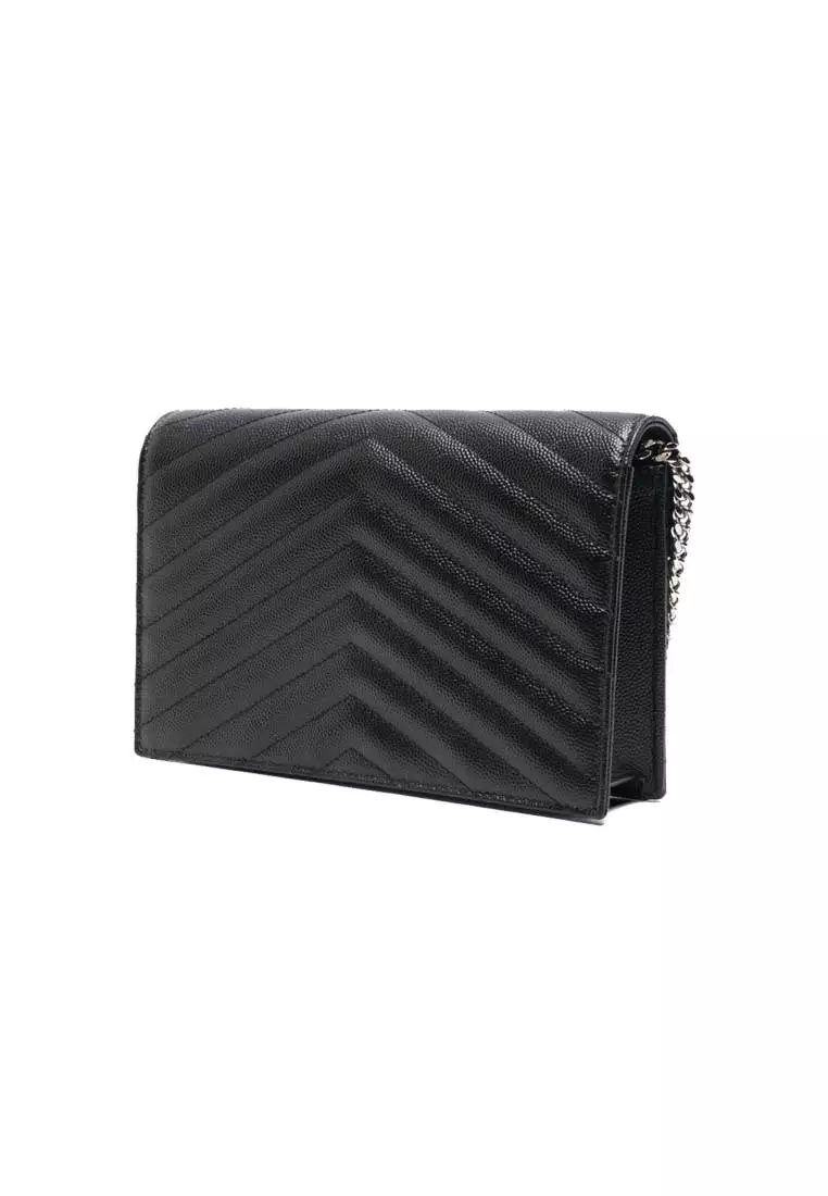 YSL Matelasse Envelope Chain Wallet In Grain De Poudre Embossed Leather Black/Silver 857605BOW02