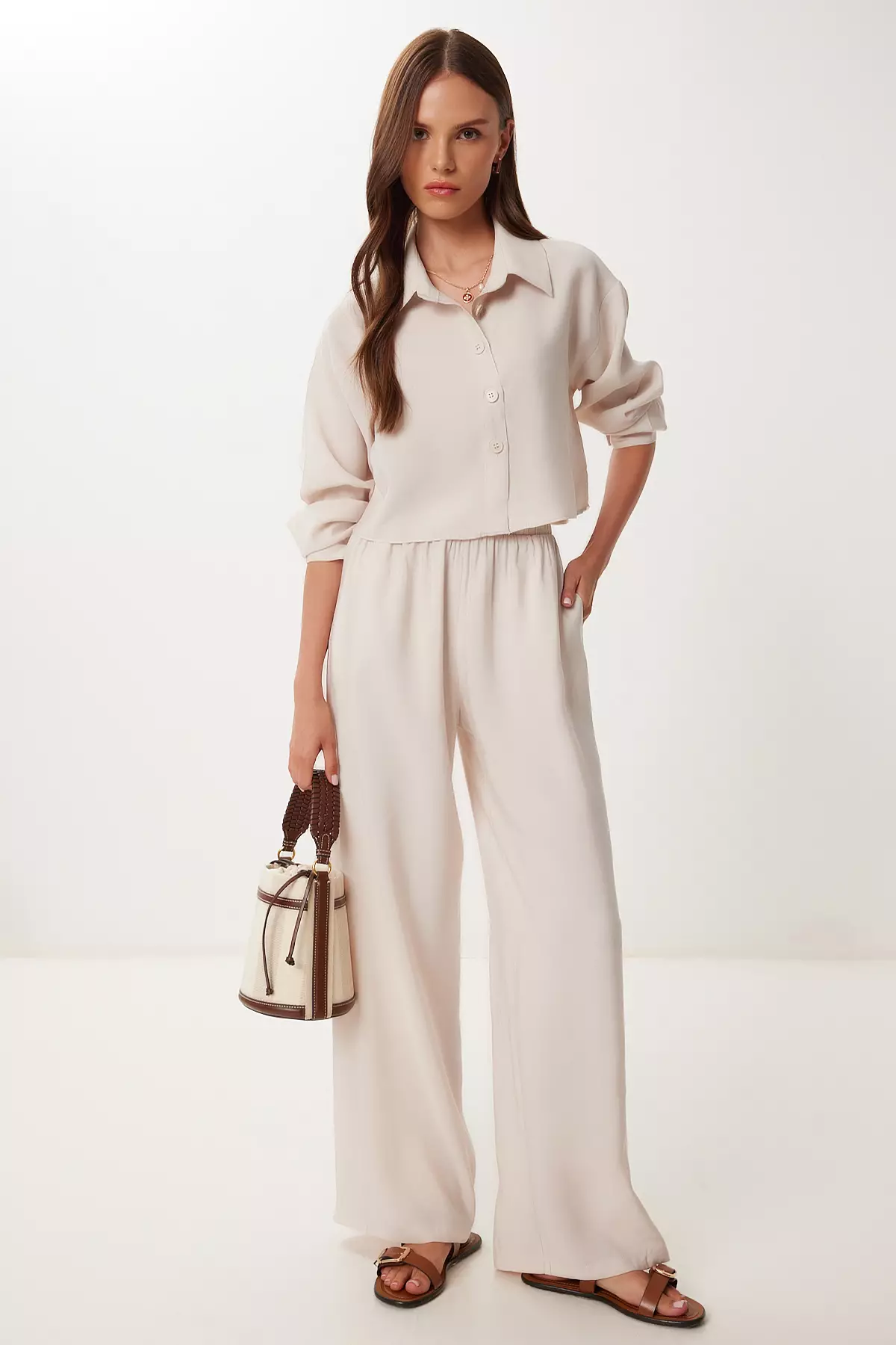 Women's Cream Modal Shirt Pants Suit Bv00158