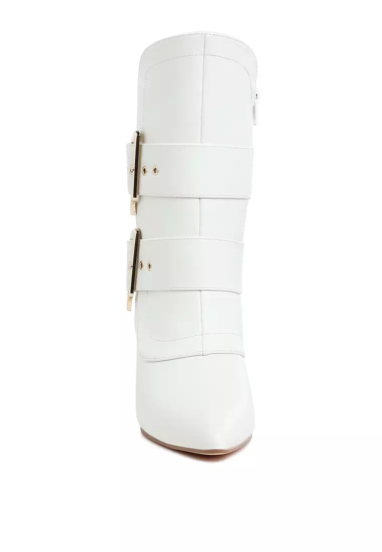 Chunky Buckle Strap Ankle Boots in White