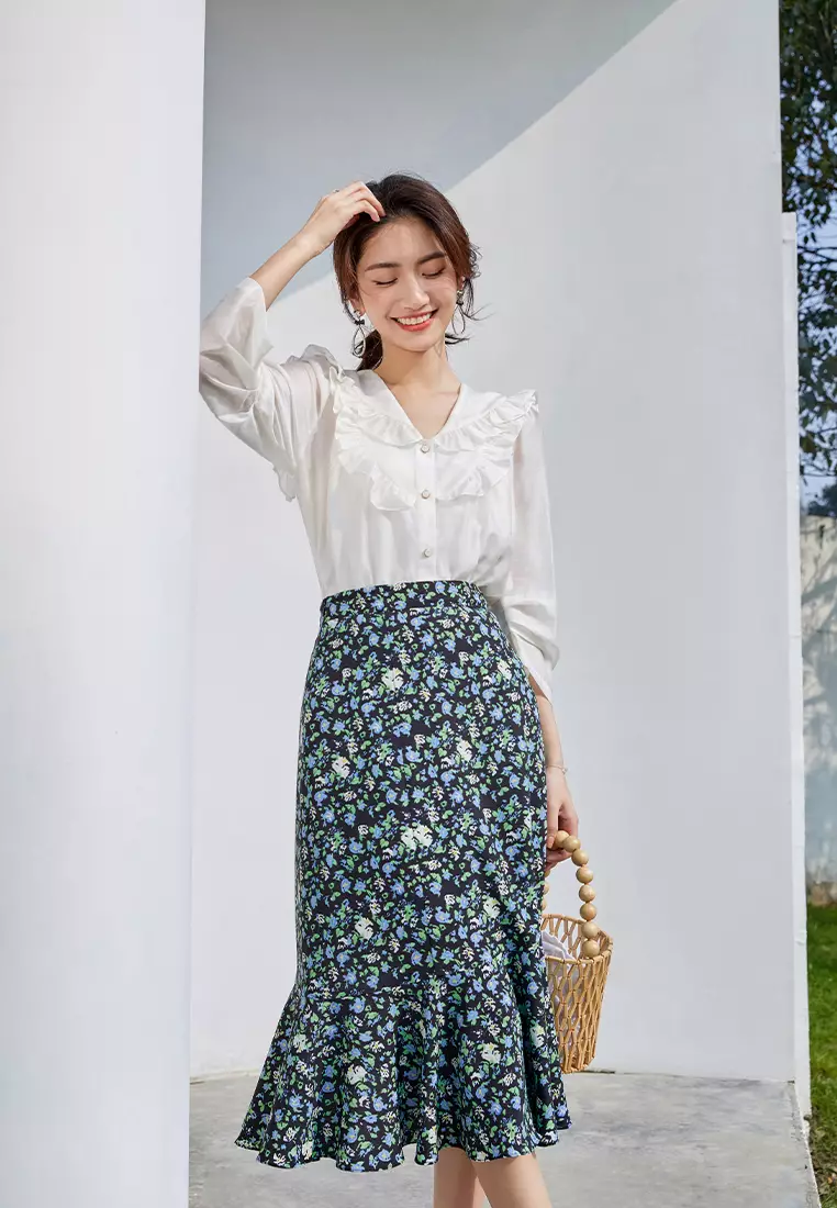 Summer Long Sleeve Ruffle Patchwork Blouse